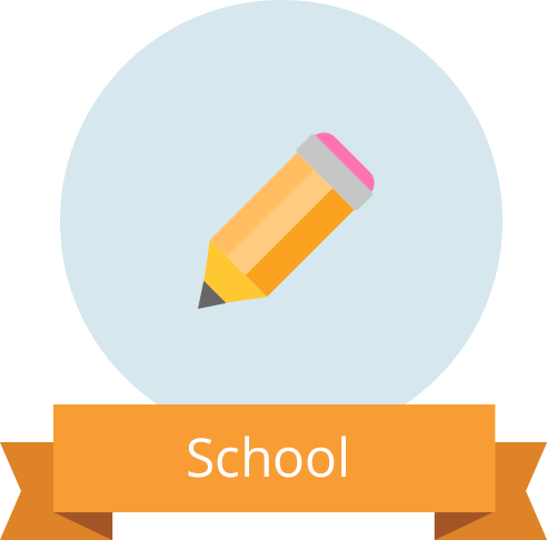 Pencil icon with banner reading “School”